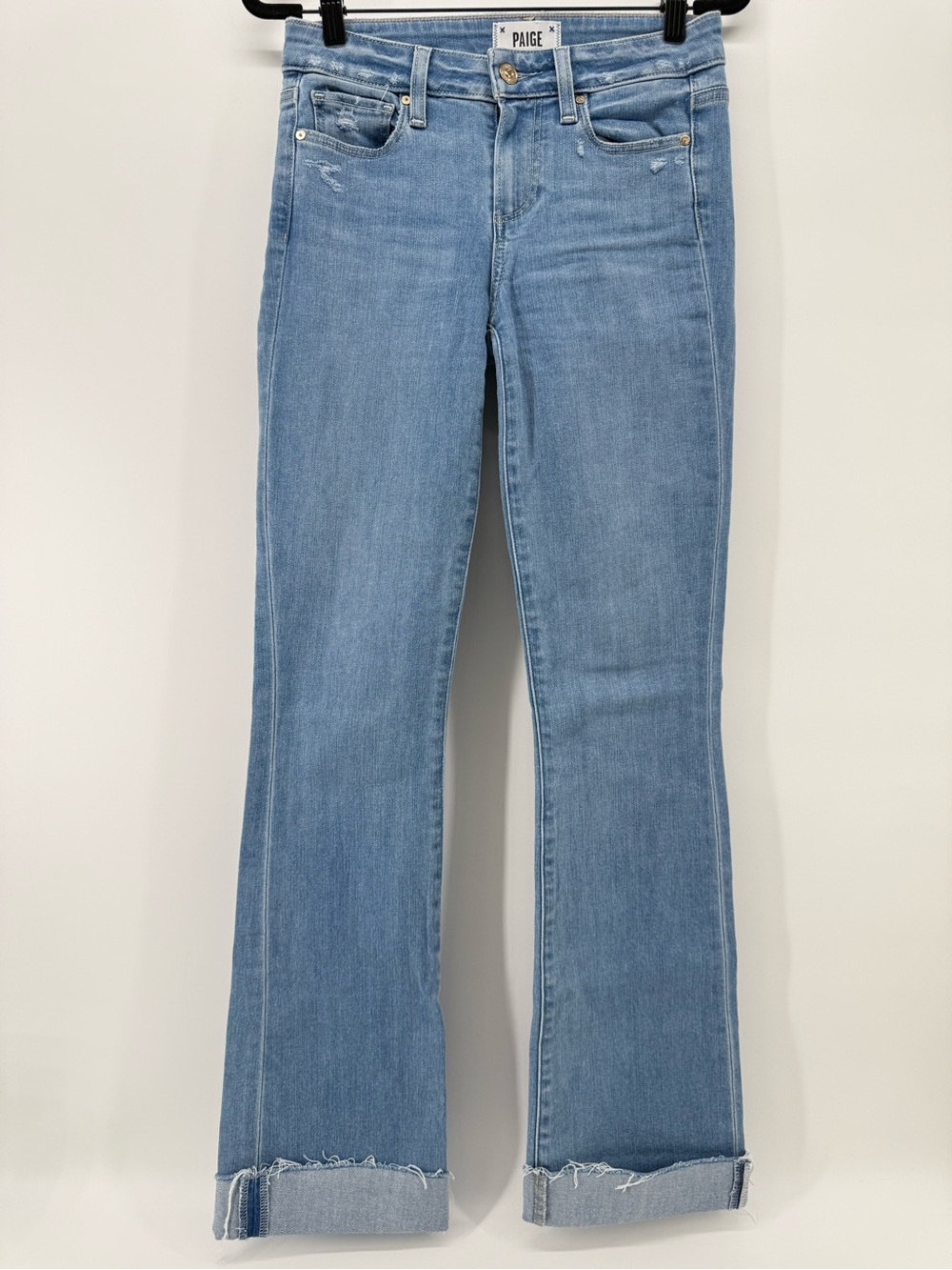Paige Mid Rise Manhattan Bootcut Jeans Size 25 slim light blue wash raw hem